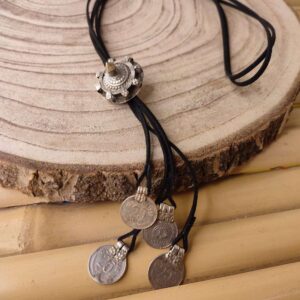 Tribal Metal Button with old coin long Necklace