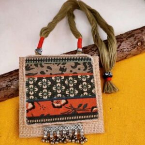 Square Fabric Necklace with Tribal Metal Clip
