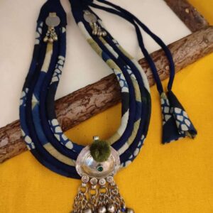 Multi Layered Block Print Fabric Necklace with Afghani Pendant