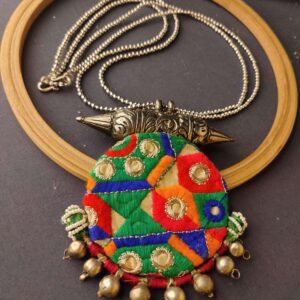 Boho Necklace with Rabari Patch & Oxidised Metal Taweez