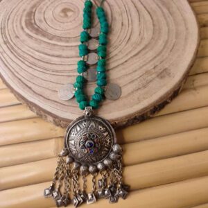 Afghani Shield Pendant with colorful thread beads & old coins