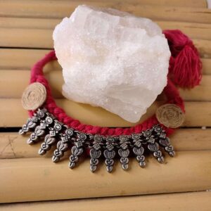 Dark Red Choker Necklace with Oxidised Metal Spikes