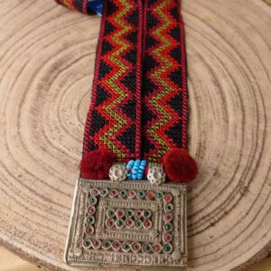 Afghani Square Taweez Pendant Necklace on an Embroidered Red Lace