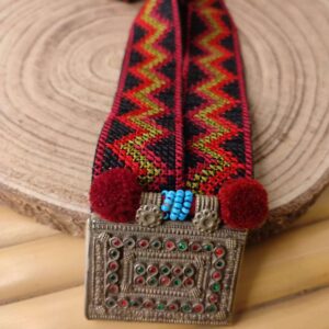 Afghani Square Taweez Pendant Necklace on an Embroidered Red Lace
