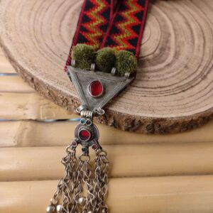 Afghani & Turkmani Pendants Necklace on an Embroidered Red Lace