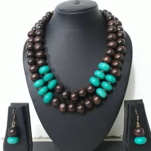 Wooden & Torquoise Resin Beads Choker Necklace