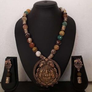 Multi Color Semi Precious Agates Stones Temple Necklace Set