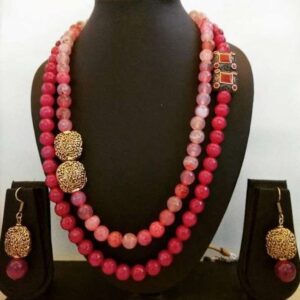 Dual Line Pink Semi Precious Agates Stones Mala Necklace Set