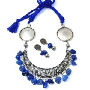 Blue Agates Stone Beads with Oxidised Pendant Set