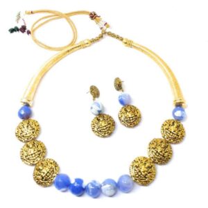 Shaded Blue Agates Stone Choker Necklace with Brass Beads