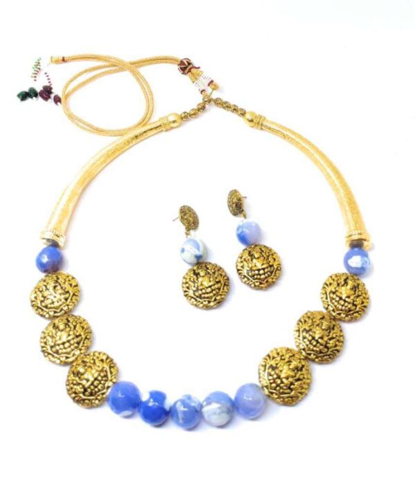 Shaded Blue Agates Stone Choker Necklace with Brass Beads