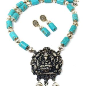 Torquoise Beads with Oxidised Temple Ganesha Pendant Set