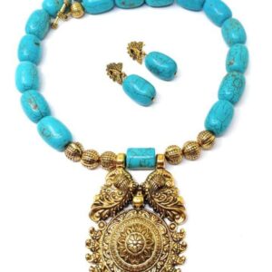 Torquoise Beads with Antique Gold Temple Pendant Set