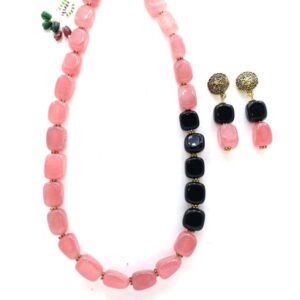 Onion Pink & Black Agates Beads Mala Necklace Set