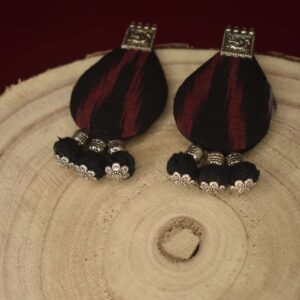 Red & Black Ikat Fabric Drop Shape Earrings with Spiked Beads