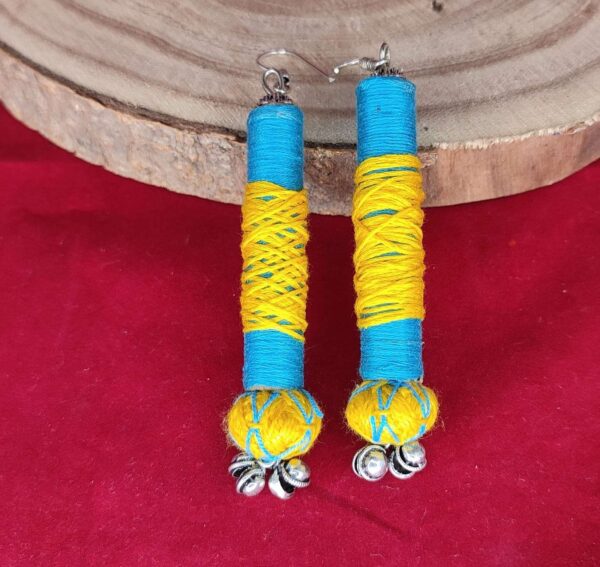 Boho Colored Thread Roll Earrings with Thread Bead & Ghungroos - Image 3