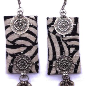 Rectangle Black Block Print Fabric Earrings with Metal Coins