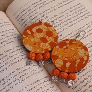 Orange Block Print Round Earrings with Thread Balls