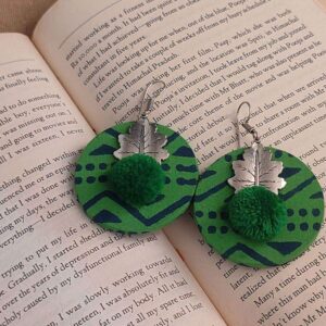 Green Fabric Round Earrings with Metal Leaf