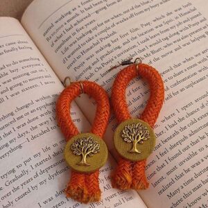 Orange Macarame Thread Earrings with Metal Tree of Life Charm