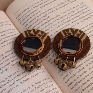 Round Brown Fabric Earrings with Mirror Work & Brass Ghungroos