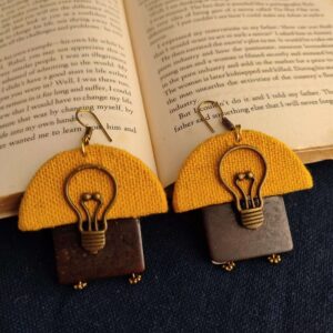 Quirky Design Fabric Earrings with Metal Bulb & Wood