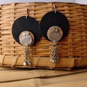 Black Wood & Jute Fabric Earrings with Old 25 paise Coin