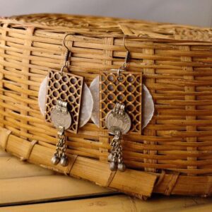 Painted Rectangle Wood & Natural Shell Earrings with Old 25 Paise Coins