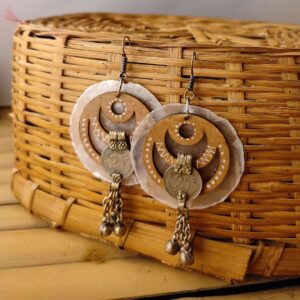 Painted Round Wood & Natural Shell Earrings with Old 25 Paise Coins
