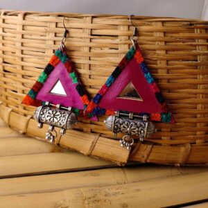 Bhujodi Colored Leather Earrings with Metal Pendant