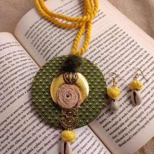 Round Green Khun Fabric Necklace with Metal Motifs and Kowrees