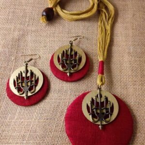 Round Red Dupon Silk Fabric Pendant with Wood and Metal Motif