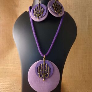 Round Purple Handloom Fabric Pendant with Wood and Metal Motif