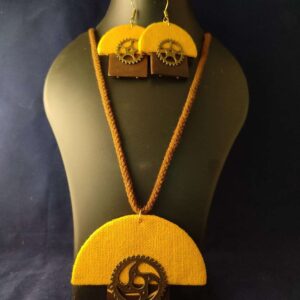 Yellow Half Moon Shape Fabric Necklace with Mango Wood and Metal Motif