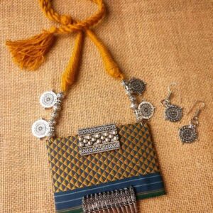 Yellow Khun Fabric Designer Necklace with Metal Spikes & Coins