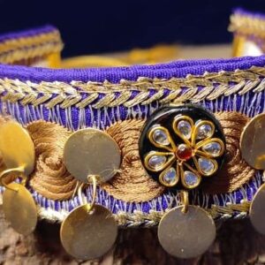 Golden Fabric Choker Necklace with Kundan & Brass Trinklets
