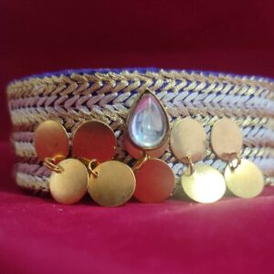 Golden Fabric Choker Necklace with Kundan & Brass Trinklets