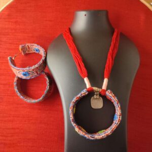 Red Kutchi Mirror Work Fabric Necklace with a Jhumka