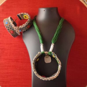 Green Kutchi Mirror Work Fabric Necklace with a Jhumka