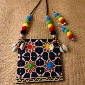 Kantha Stitched Black Fabric Necklace with Colorful Beads and Cowrees