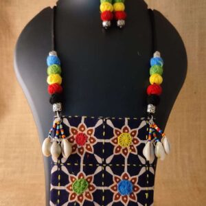 Kantha Stitched Black Fabric Necklace with Colorful Beads and Cowrees