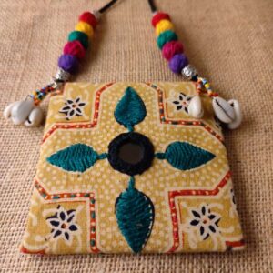 Kantha Stitched Yellow Fabric Necklace with Colorful Beads and Cowrees