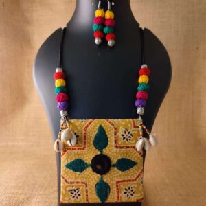 Kantha Stitched Yellow Fabric Necklace with Colorful Beads and Cowrees