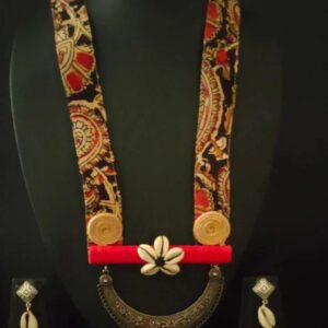 Brown Kalamkari Fabric Patti Necklace Set Metal Pendant