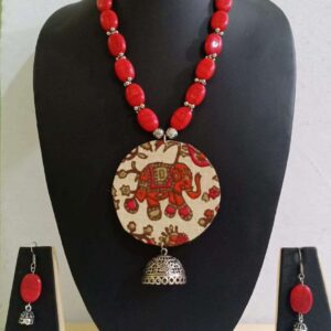 Red Elephant Block Printed Fabric Necklace with Red Ceramic Beads