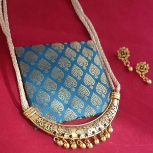 Blue & Gold Brocade Fabric Necklace with a Half Moon Metal Pendant
