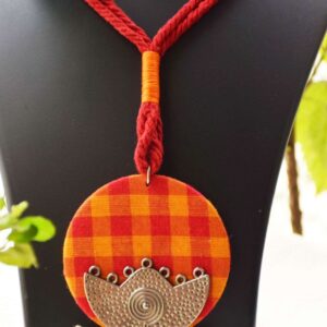 Red & Orange Gamchha Handloom Fabric Necklace with Oxidised Metal Pendant