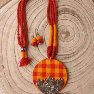 Red & Orange Gamchha Handloom Fabric Necklace with Oxidised Metal Pendant