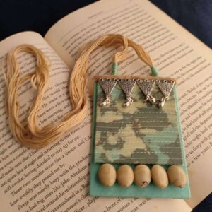 Green Shaded Kantha Fabric Necklace with Beige Ceramic Beads