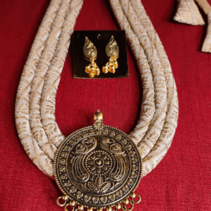Triple Layered Handloom Fabric Necklace with Golden Temple Pendant